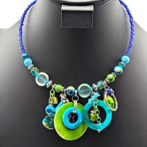 70s Vintage Blue Green Jingle Jangle Beaded Wire Charm Dangle Choker Necklace